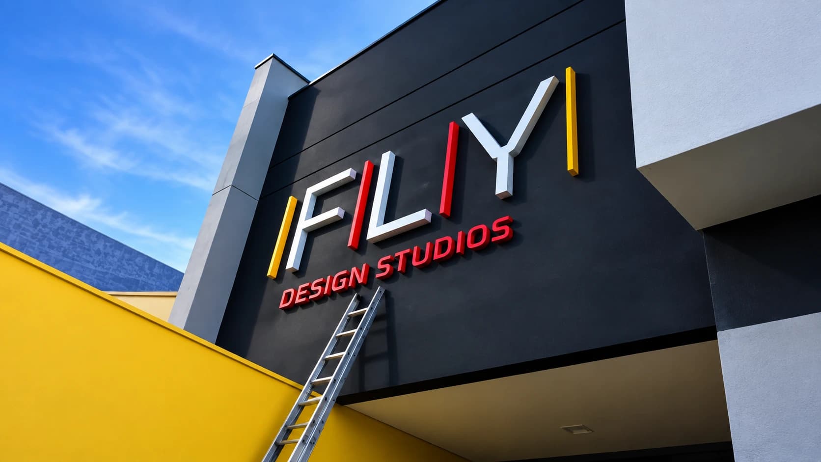 Letras caixa da Fly Design Studios sobre fachada escura